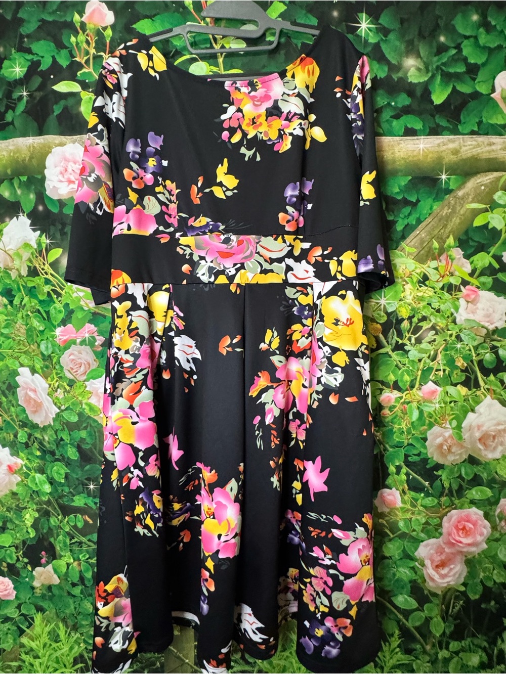 Black Floral Fit-and-Flare Dress with Pink & Yellow Blooms